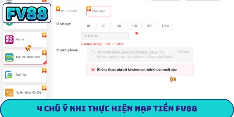 4 chú ý khi thực hiện nạp tiền FV88